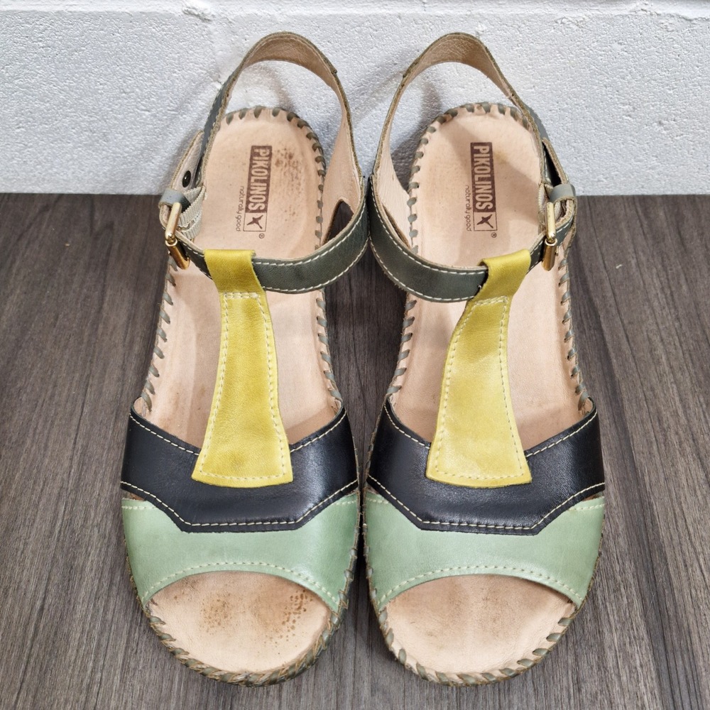 Pikolinos Womens Leather T-Strap Buckle Wedge Sandals Green Black Yellow Size 10